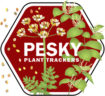 Pesky Plant Trackers badge, plants and text